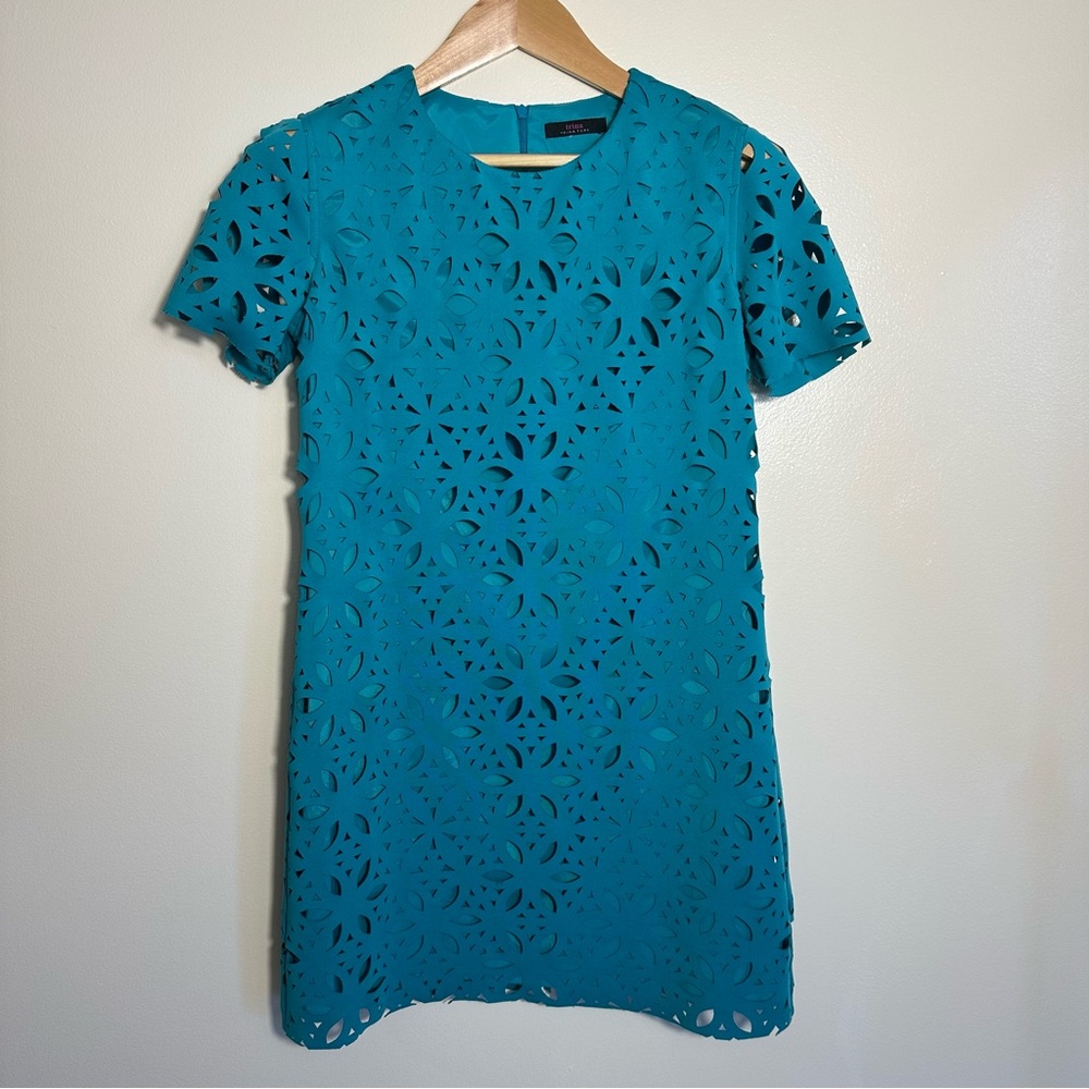 Trina Turk Teal Blue Eyelet Stretch Sheath Mini Dress